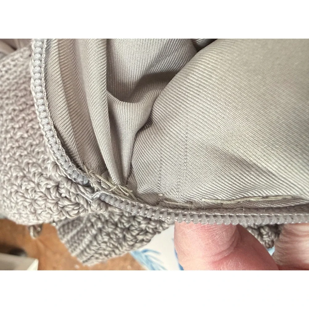 The Sak Avalon Crochet Convertible Backpack Taupe Leather Trim Boho Front Zip
